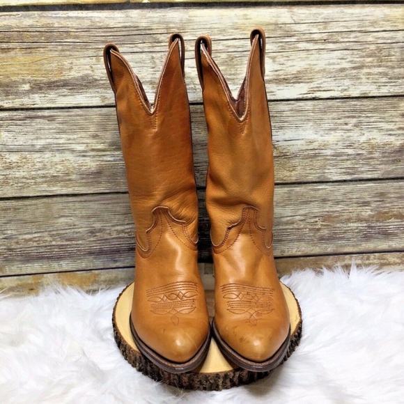 Vintage Tan Brown Leather Mid Calf Cowboy Boots - Picture 3 of 8